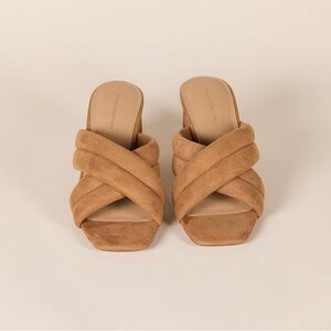 Suede Cross-Strap Slide Heels in Tan